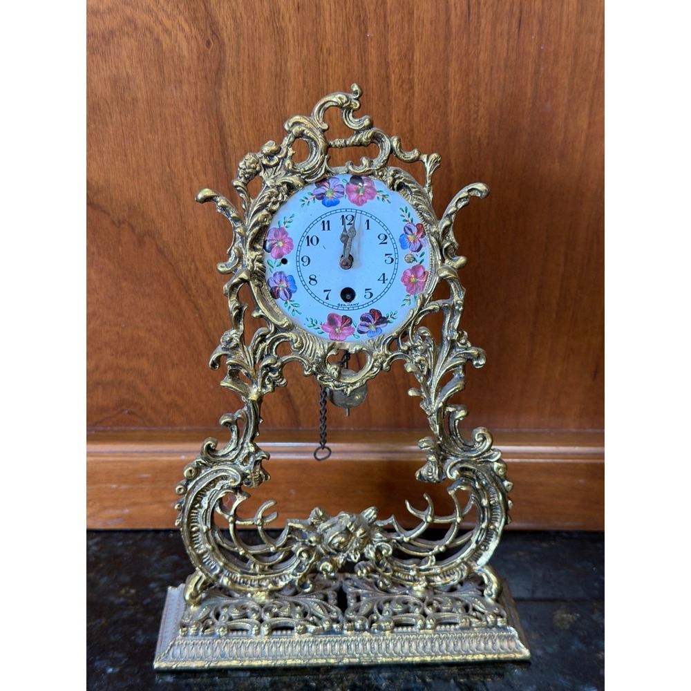 Vintage Globe Brass Ornate Mantel Clock Floral Porcelain Dial Germany Rococo
